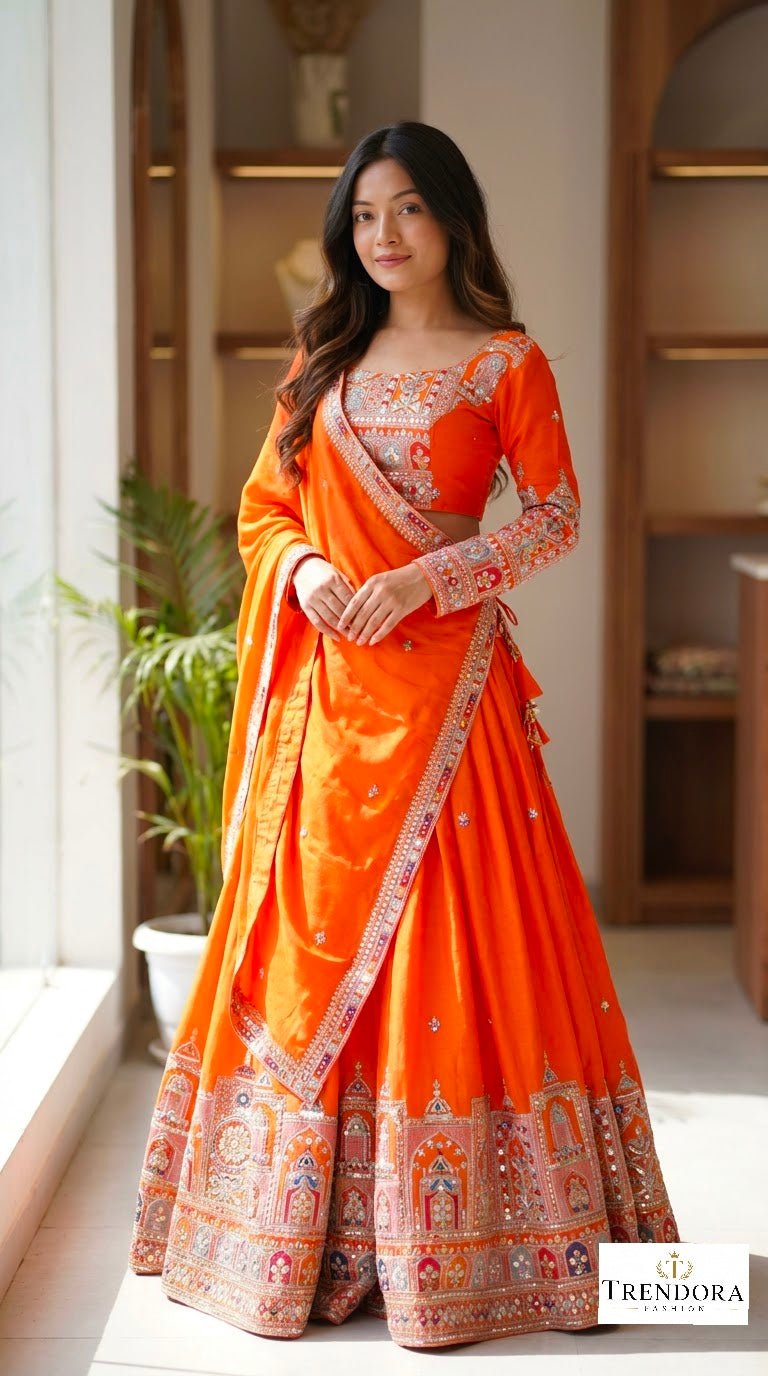 🍊Royal Orange Embroidered Festive Lehenga